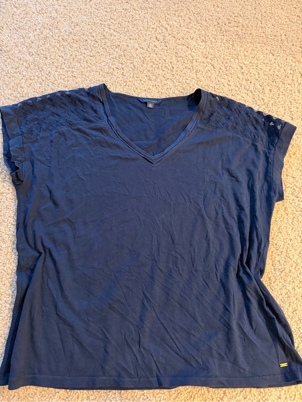 Tommy Hilfiger Navy V-Neck Short Sleeve Top with Lace Shoulders